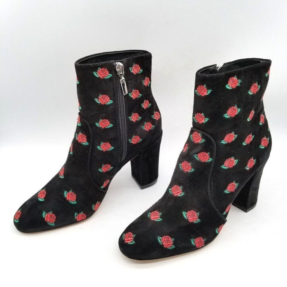 SCHUTZ Women Black Suede Rose Embroidery Heel Ankle Bootie 6.5